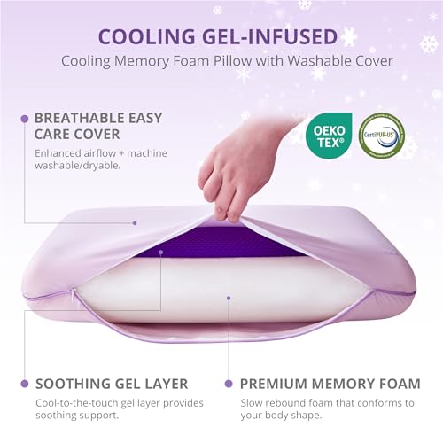 Image of Cooling Gel Memory Foam Pillow for Hot /Side Sleepers, Neck Support, Purple | Ergonomic Pressure Relief, Fits Back & Stomach Sleepers, Reversible Removable Machine Washable Cover, Night Sweats Relief