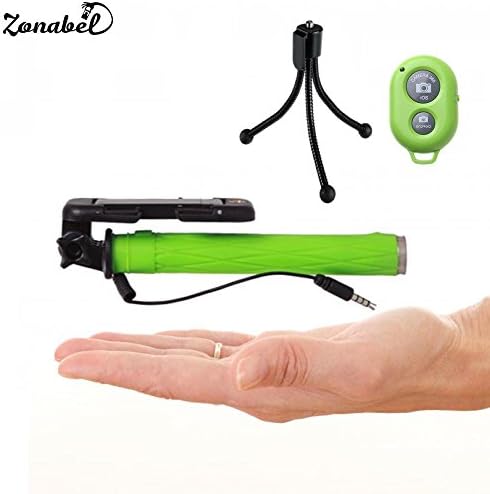 Zonabel Selfie Stick Mini - Pocket Monopod with Built-In Wired Technology - Bonus Bluetooth Remote & Tripod (Green)