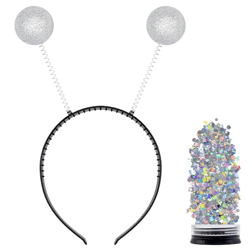 Funcredible Silver Alien Antenna Headband with Glitter Intergalactic Costume Headpiece Space Costume Accessory Set for Cosplay Festivals & Photo Shoots