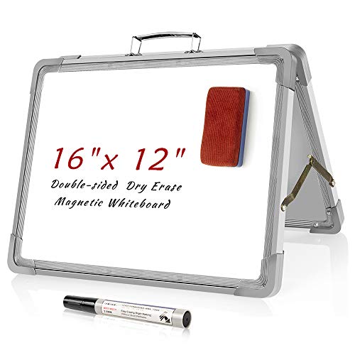 Small Dry Erase White Board ,Magnetic Desktop Foldable Whiteboard Portable Mini Easel Double Sided on Table Top with Holder for Kids Drawing, Teacher Instruction, Memo Board