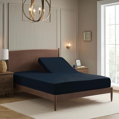 Image of Split Head King Sheets Set for Adjustable Beds 4 Piece Flex Top Bed Sheets - Deep Pocket Split Top Fitted Sheet with Built-in Corner Straps, Luxury Soft Cooling Bedding, Wrinkle Resistant, Navy