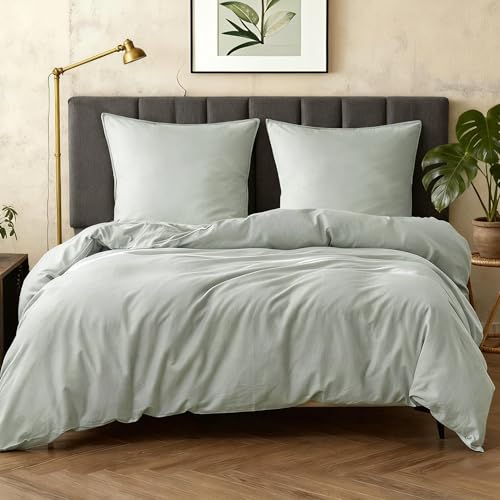 BEDSURE Bettwäsche 155x220 3teilig Leinen - 1 Bettbezug 155x220 cm + 2 Kissenbezüge 80X80 cm, ÖKO-TEX Bettwäsche-Sets Beige Polyester Mikrofaser mit Reißverschluss 4 Simple&Opulence Halbleinen Bettwäsche 155x220, Atmungsaktiver Bettbezug Set aus Baumwolle und Leinen mit 80x80 cm Kissenbezug,Oeko-TEX Sommerbettwäsche,Mintgrün