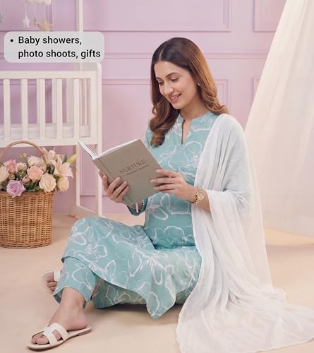 Image of DUMMY SHAPE Feeding Kurtis for Women Cotton Blend | Floral Kurta Pant Dupatta Set with Nursing Zippers to Pre & Post Partum | Maternity Dresses | Mom to Be Gifts for Pregnant Woman