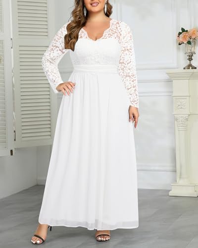 Plus Size Formal Wedding Dresses - Gowns Evening Prom Elegant V Neck Long Sleeve Lace Chiffon Long Maxi Dress3