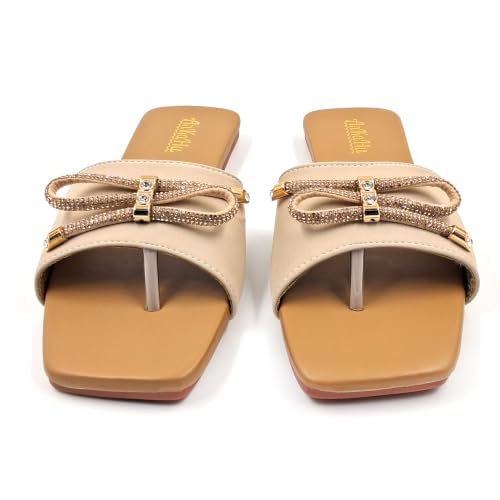 Image of flats for women stylish beige cream daily use flip flops girls slippers open square toe footwear sandals | Slides for women stylish bow accent on the toe