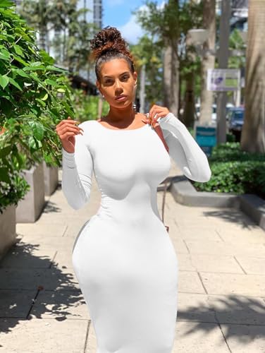 Image of XXTAXN Women's Sexy Bodycon Long Sleeve Round Neck Work Office Maxi Pencil Dress White, Small