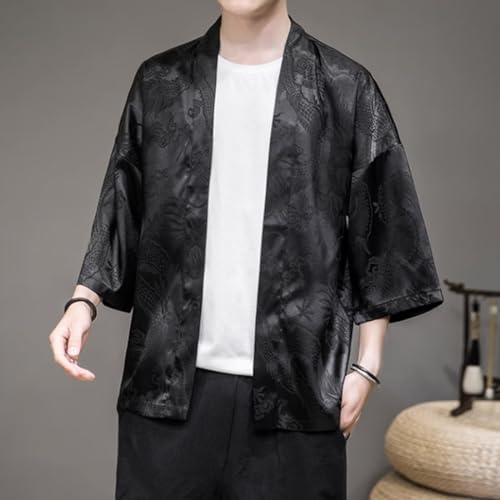 HZCX FASHION Mens Silk Satin Robe Summer Lightweight Dragon Kimono Shirt Cardigan Open Front 3/4 Sleeve Hanfu Chinese Jacket2