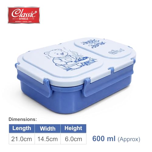 Image of Classic Steels Bento Duo Lunch Box for Kids 600ml, 2 Compartment Stainless Steel Tiffin Box, Leak Resistant, BPA Free, School Lunch Box - Blue