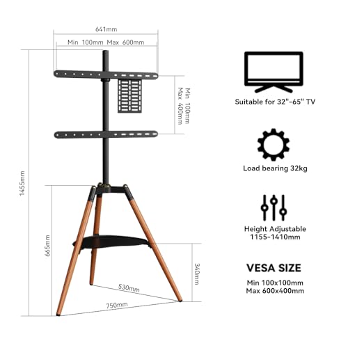 Image of Audiovan Tripod TV Stand Wooden for 32-65 Inch,Floor TV Stand (Height - 1455) 100x100-600x400 VESA TV Corner Stand with Mount /Easel TV Floor Stand (Black, 32-65 Inch)