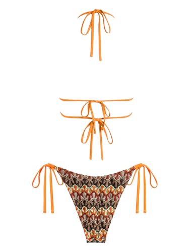 Image of ZAFUL Halter Swimsuits for Women Textured Backless 2 Piece Bathing Suits Cheeky High Cut String Tie Side Bikini Sets