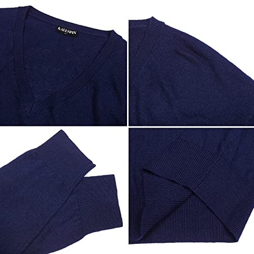 Kallspin Men's Cashmere Wool Blend Relax Fit V Neck Pullover Sweater (Navy Blue, Large) #TOP6