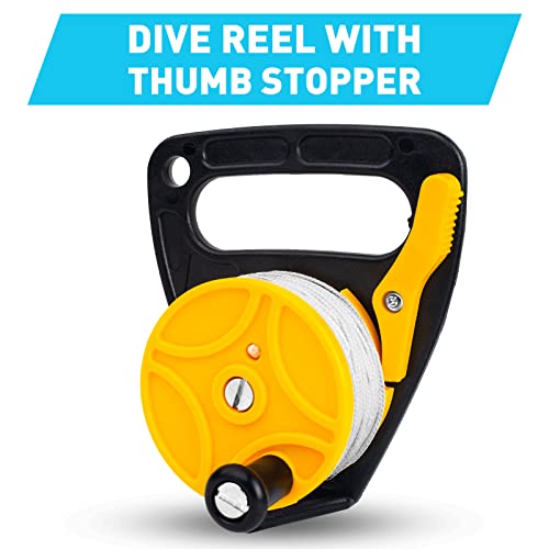 Diving Reel With Thumb Stopper, Heavy Duty 46M/150Ft White Line Smb Scuba Ratchet Dive Reel With Handle Stop Switch For For Cave, Wreck,Drift Diving,Kayak Anchorand More Underwater Activities Yellow #TOP4