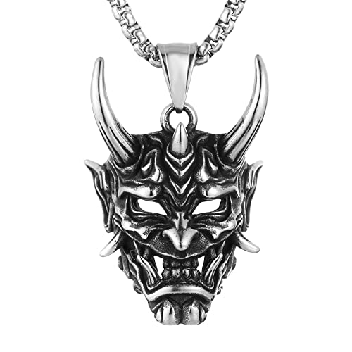 HZMAN Gothic Necklace for Men Prajna Mask Stainless Steel Silver Evil Demon Ghost Horn Skull Pendant