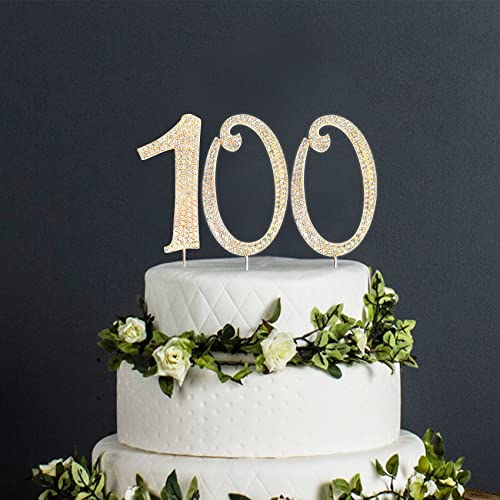 Number Cake Topper 100, Uniideco Gold Rhinestone Premium Metal Bling Bling Cake Decor, Sparkly Happy Birthday Wedding Anniversary Party Decoration Centerpiece #TOP1