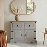 IDIMEX Buffet Salle à Manger Ramon L 87 cm en Bois Massif Gris et Brun, Meuble de Rangement Adulte 2 tiroirs et 2 Portes avec poignées en métal, Commode bahut Style Mexicain Maison de Campagne