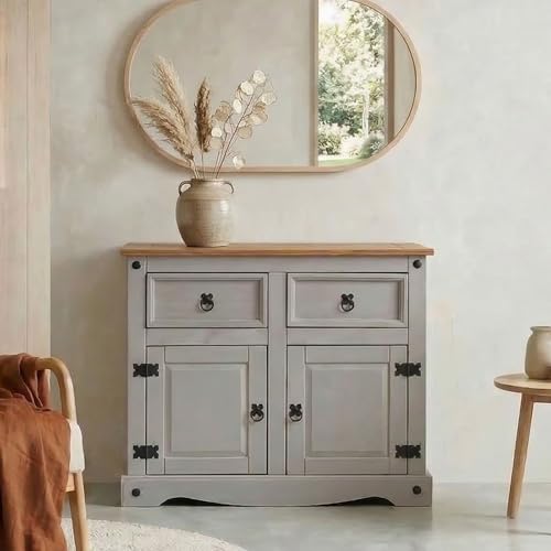 CARO-Möbel Mexico Kommode Ramon im Landhausstil Kommode aus Kiefer massiv mit 2 Schubladen und 2 Türen, grau/braun