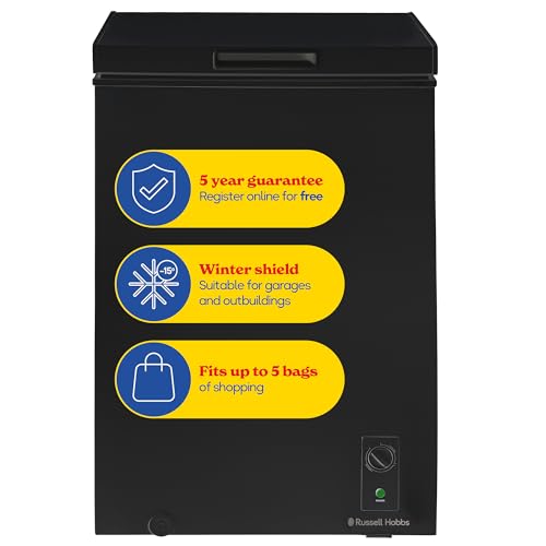 Russell Hobbs Congelador de pecho negro de 99 L independiente con termostato y pies ajustables, función de frío o congelación, clasificación de congelador de 4 estrellas y adecuado para dependencias y