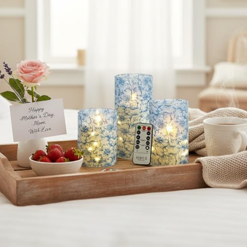 Image of Blue Floral Flameless LED Pillar Candles with String Lights, 3pcs Battery Operated Flickering Candles with Remote Timer, Decorative Flower Printed Candles for Wedding Home Decor Romantic Ambiance