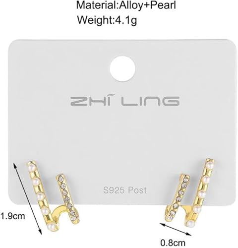 Miniatura 2 de Pendientes brillantes en forma de U Pendientes vintage de doble capa de perlas Pendientes de metal de diamante