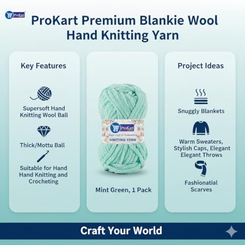 Image of ProKart Premium Blankie Wool, Plush & Cuddly, Chenille Yarn Supersoft Hand Knitting Wool Ball | Blanket Thick /Mottu Yarn Ball Suitable for Hand Knitting and Crocheting (Mint Green, 100gms x 1 Pack)