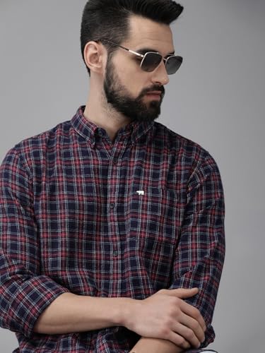 Image of THE BEAR HOUSE Men's Cotton Navy Blue & Maroon Slim Fit Checked Flannel Cotton Casual Shirt | 3XL |TBH-ARIDE-MC-3XL |