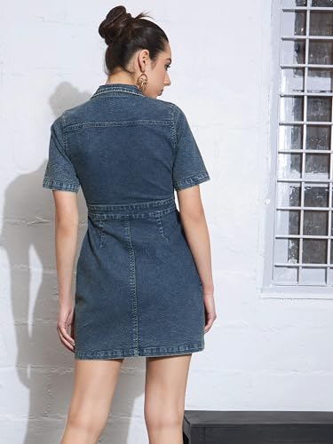 Image of Sassafras Women's Mini Short Sleeves Blast Denim Front Button - Casual Streetwear Denim Dress