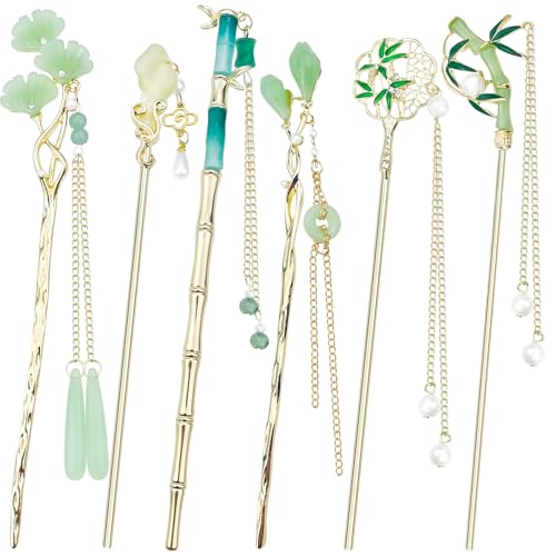 6PCS Chinese Hair Sticks Set Gold White Japanese Hair Stick with Pearl Flower Bamboo Leaves Design Metal Hair Chopsticks Hair Bun Updo Holders Long Thick Hair Accessories for Women