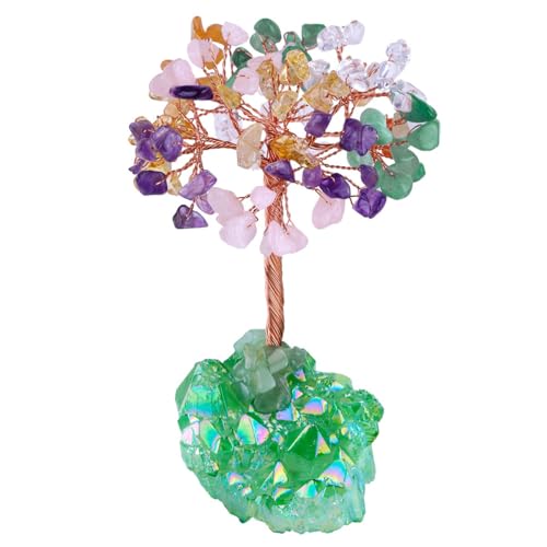 Mookaitedecor Árbol de cristal colorido, racimo de cuarzo, cristales de titanio verde, base de bonsái, árbol de dinero para la riqueza y la suerte