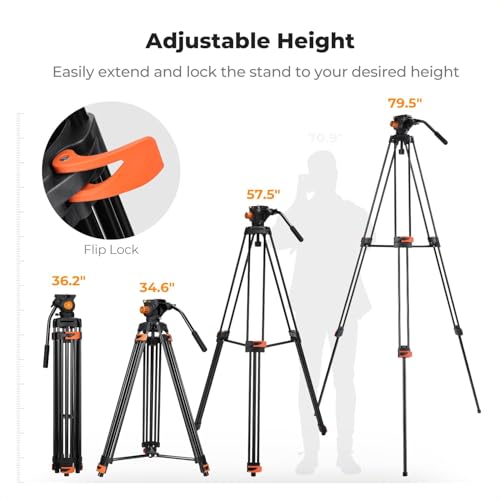 K&F CONCEPT 80" Video Tripod with Fluid Head, Aluminum Heavy Duty Camera Tripod with Smooth Friction Damping, Quick Release Plate for DSLR, Mirrorless, Camcorder, Video Cameras, Max Load 17.6lb by K&F CONCEPT - Image 2