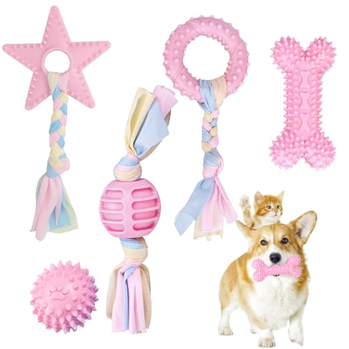 IUKUNNE 5pcs Puppy Gioco Gomma Naturale, Giocattoli Masticare per Cuccioli, Giocattolo per Cuccioli in Gomma, Giocattolo da Dentizione Cuccioli, Giocattolo Cuccioli con Corde Interattive in Cotone