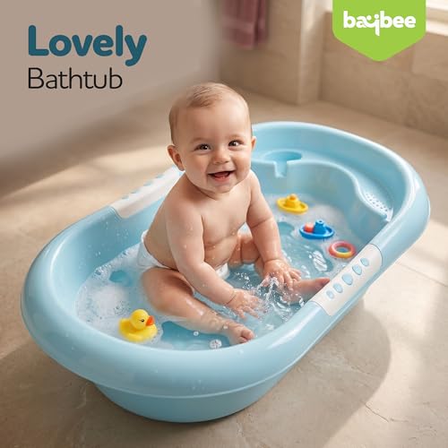 Image of Baybee Lovely Baby Bath Tub for 0 to 5 Years | Ergonomic Bath Tub for Kids with Quick Drain & Storage | Premium Baby Bather with Non Slip Base & Side Grip Bathing Tubs for Boys Girls (Blue)