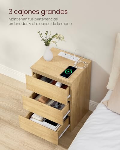 Miniatura 5 de Vasagle Kailyn Colección - Mesita De Noche Con Estación De Carga, Juego De 2, Mesa Auxiliar Con 3 Cajones, 2 Tomas Ac, 2 Puertos Usb, Dormitorio, Estudio, Amarillo Paja Let831y70