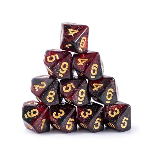 Yulizhi 10 Pieces Polyhedral D10 Dice Set 10 Sided Dice 16mm for RPG MTG DND Table Games (Red Black)