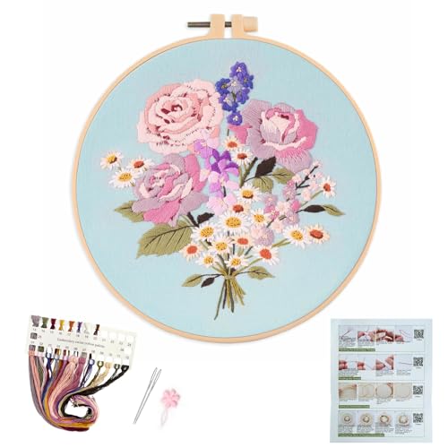 Silentsea Embroidery Kit, Floral and Nature Designs, for Adults and beginers,with Hoops, Needlework Pattern Set (Flower-2)