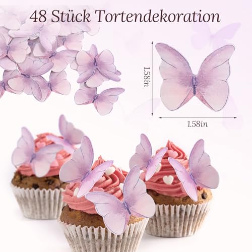 48 Stück Schmetterling Tortendeko Essbar, Essbare Schmetterlinge für Torte, Esspapier Tortendeko,Essbare Cupcake Toppers,Kuchen Deko Mädchen für Hochzeiten, Geburtstage, Partys（Lila ）