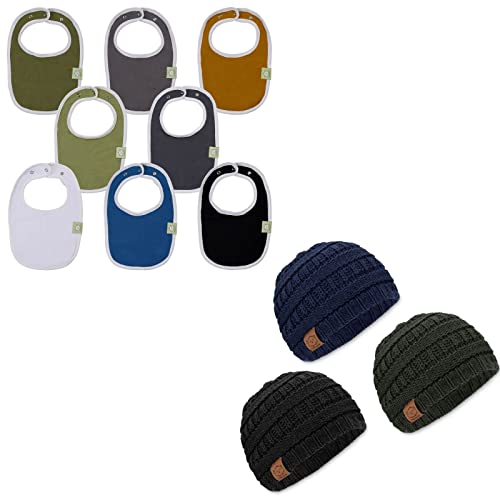 KeaBabies Baby Bibs for Boys & Girls And Baby Beanie Winter Hats Bundle - Cotton Teething Bib (Basic) - Soft Knitted Baby Hat Mittens (Urban)