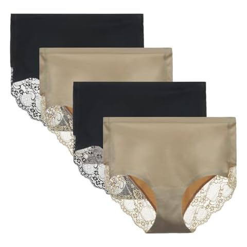 LIQQY Women's 4 Pack Combed Cotton Lace Coverage Full Rise Seamless Brief Panty Underwear (US, Alpha, Medium, Regular, Regular, Black/Nude) Cover