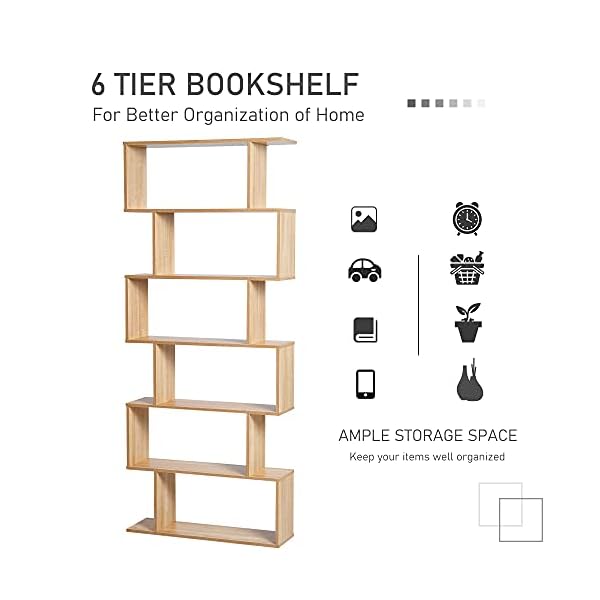 HOMCOM Wooden Wood S Shape Storage Display 6 Shelves Room Divider Unit Chest Bookshelf Bookcase Cupboard Cabinet Home Office Furniture (Oak) - Image 6