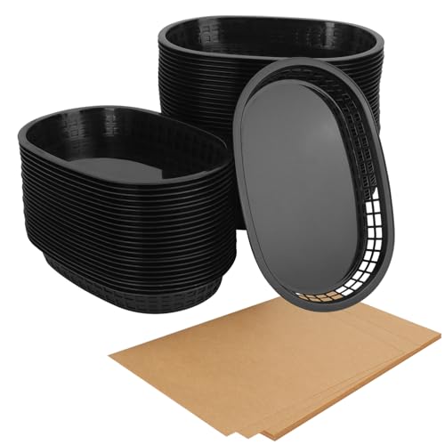 KUKLIPJIM 50 Pack Fast Food Baskets, 10.6 x 6.7 Inch Black Plastic food Baskets, Food Service Tray for Burgers, Sandwiches, Hot Dogs, Picnics, Parties, Durable and Safe(50 Sheets Deli Liners paper)