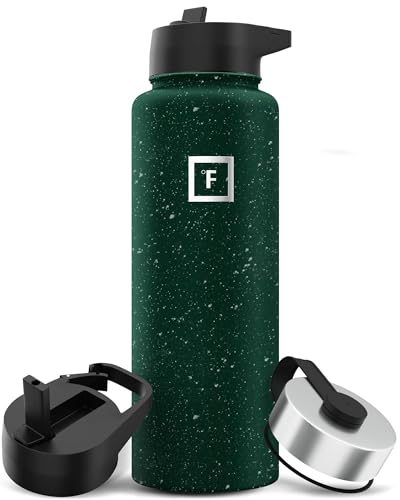 IRON °FLASK Camping & Hiking Hydration Flask with 3 Lids - Stainless Steel, Double Walled & Vacuum Insulated Water Bottle - Leak Proof & BPA Free (Dark Pine Speckle, Straw - 40 oz)