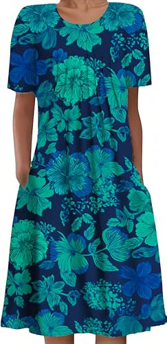 Image of LOVESHOOT Size S Womens Summer Midi Dress 2026 Casual Short Sleeve A Line Dress with Pockets Evening Wedding Guest Work Teal Floral
