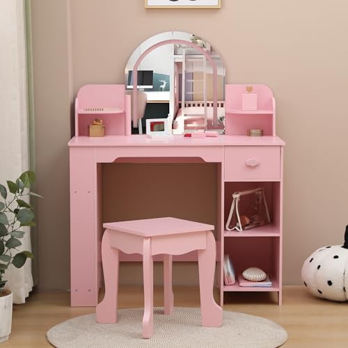 Garvee Kids Vanity with Lighted Mirror & Stool, Little Girls Vanity with Adjustable LED Light, Bookshelf, Storage Drawer & Shelves for Girls 3-9, Pink