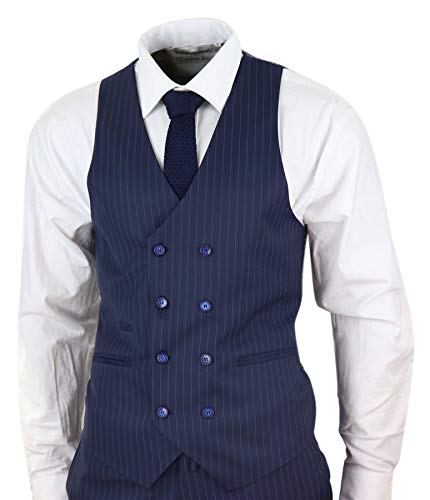 Mens 3 Piece Suit Gatsby 1920S Gangster Pinstripe Tailored Fit Navy Blue #TOP2