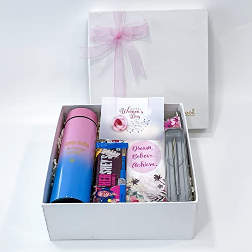 Image of Women's day gift ideas for colleagues with Temperature water bottle, Greeting card, Chocolates and more | women's day gift hampers | womens day gift for employees | women's day corporate gifts