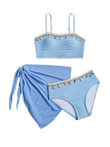SHENHE Girl's Swimsuits 3 Piece Seashell Bathing Suit with Cover Up Blue