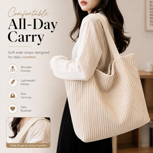 Image of Kawn Korean Tote Bag Aesthetic Corduroy Canvas Handbag for Women Zipper Casual Large Capacity Shoulder Bag with Pockets Versatile Everyday use for College Work Travel & Shopping