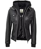 Motorcycle Jackets Women's Leather Jacket Bomber Removable Hood for Women - Hooded Bomber Womens Leather Jacket (Large ), Black