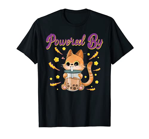 Powered By Boba Bubble Tea Kawaii Cat Kids Men Girls Manga Camiseta