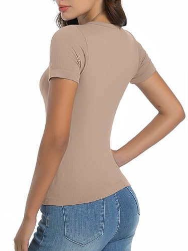 OVESPORT 3 Pack Ribbed Womens Basic T Shirts Summer Tops Gym Workout Short Sleeve Slim Fit Crop Tops 5
