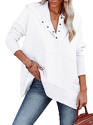 Zwurew Women Sweatshirt Pullover Hoodies Button Up Hooded Sweatshirt Juniors Oversized Long Sleeve Top With Pocket White Small #TOP17